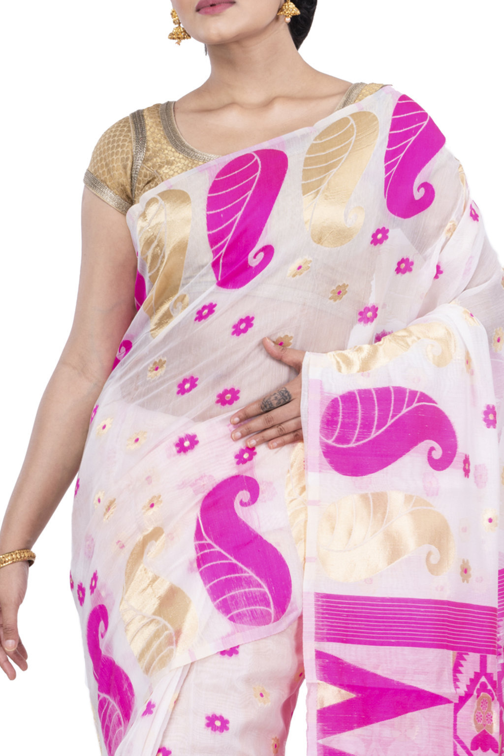 Pink Pure Cotton Amachal_Jmdni Jamdani Saree (677)